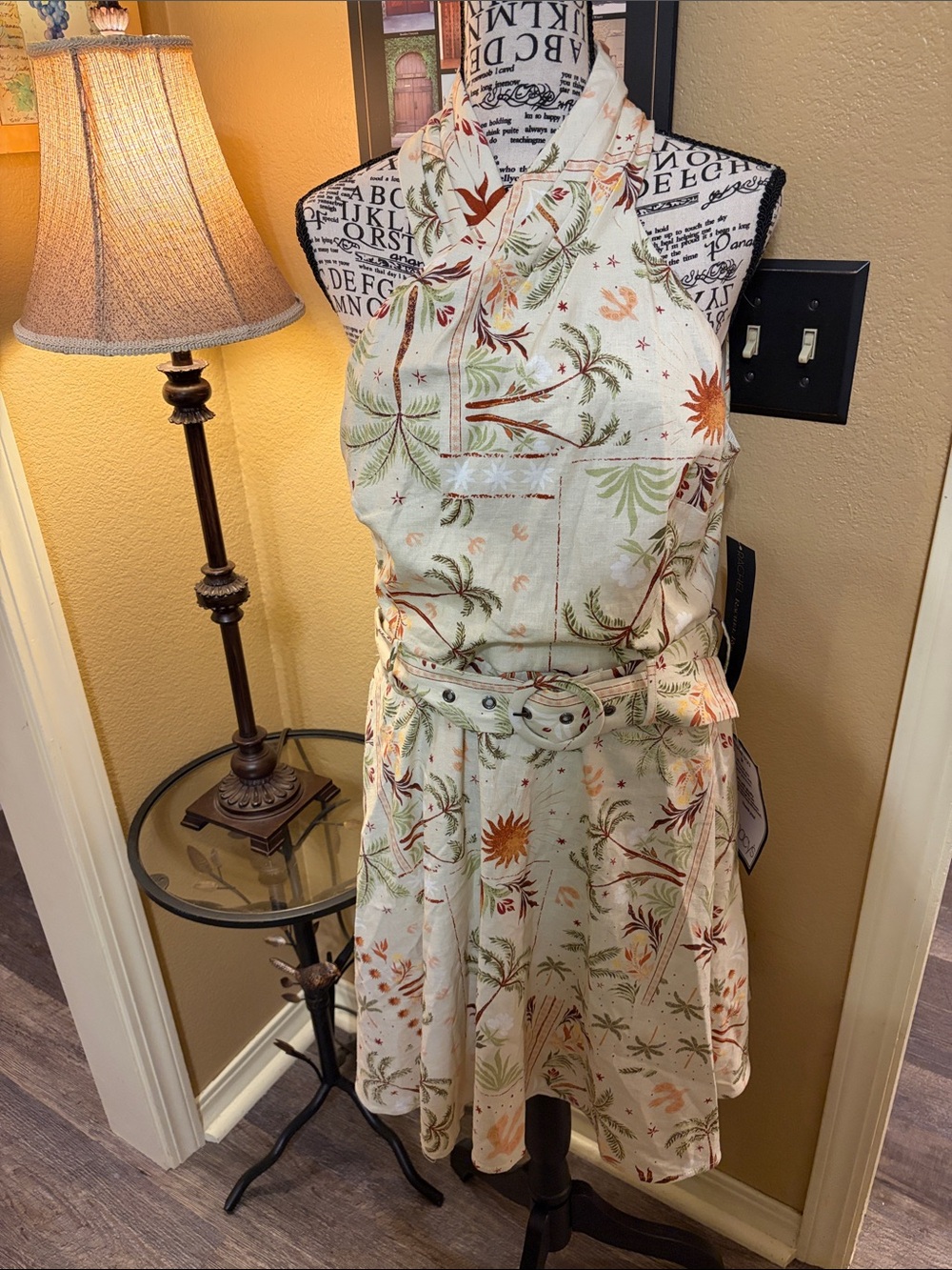 RACHEL Rachel Roy Cream Floral Halter Belted Mini Dress palm print